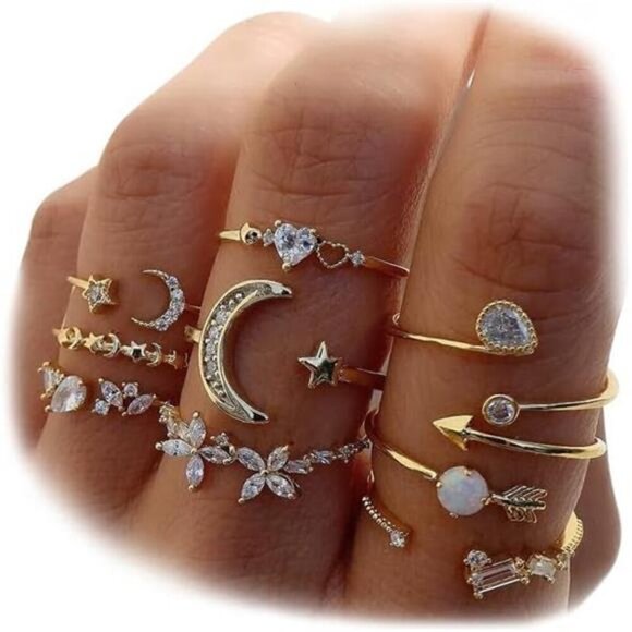 Bohemian 9-Piece Gold Crystal Ring Set – Adjustable Fashion Statement Jewelry - Picture 1 of 7